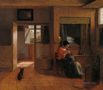  Duty Works - Interior with a Mother delousing her childs hair known asA Mothers duty genre Pieter de Hooch